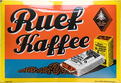 Emailschild Ruef, M&uuml;nster Kaffee, Traumzustand! Freiburg um 1925 (1+)Emailschild Ruef Kaffee 