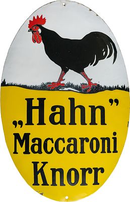 Emailschild Knorr "Hahn" Maccaroni, Heilbronn um 1910 (R)Emailschild Knorr "Hahn", gew&ouml;lbt 
