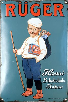 Emailschild R&uuml;ger Hansi-Schokolade Kakao, No 2, Dresden um 1910 (2+)Emailschild R&uuml;ger Hansi 