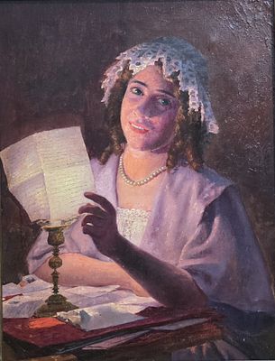 Scuola europea XIX secolo - Scuola europea XIX secolo Donna in lettura Misure:cm.50 x 65 senza 