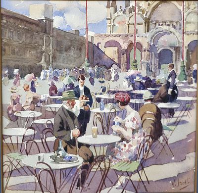 Vincenzo Irolli (Napoli 1860-1949) - Caffe' in Piazza San MarcoMisure:cm.19 x 19 senza cornice 