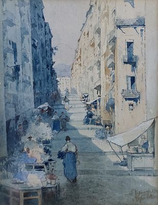 Salvatore Petruolo (Catanzaro 1857-Napoli 1946) - Gradoni a Chiaia, NapoliMisure:cm.18 x 23 senza 