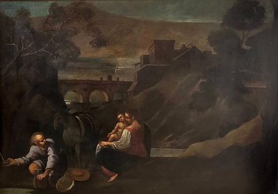 Fuga in Egitto - Artista italiano XVII-XVIII secolo Misure: cm.96 x 134 senza cornice Misure: 