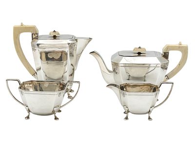 Art Deco Sterling Silver Tea and Coffee Set, 4pcs, Emile Viner, Sheffield, England, 1940. Art 