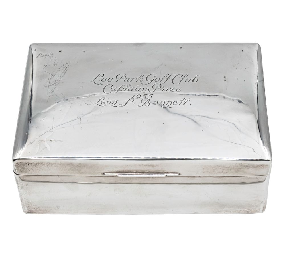 Sterling Silver Cigar Box, Walker and Hall, Sheffield, England, 1952. 
Presentation box awarded 