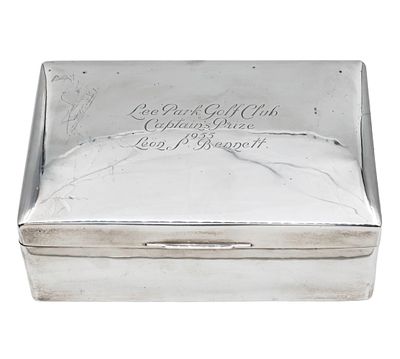 Sterling Silver Cigar Box, Walker and Hall, Sheffield, England, 1952. 
Presentation box awarded 