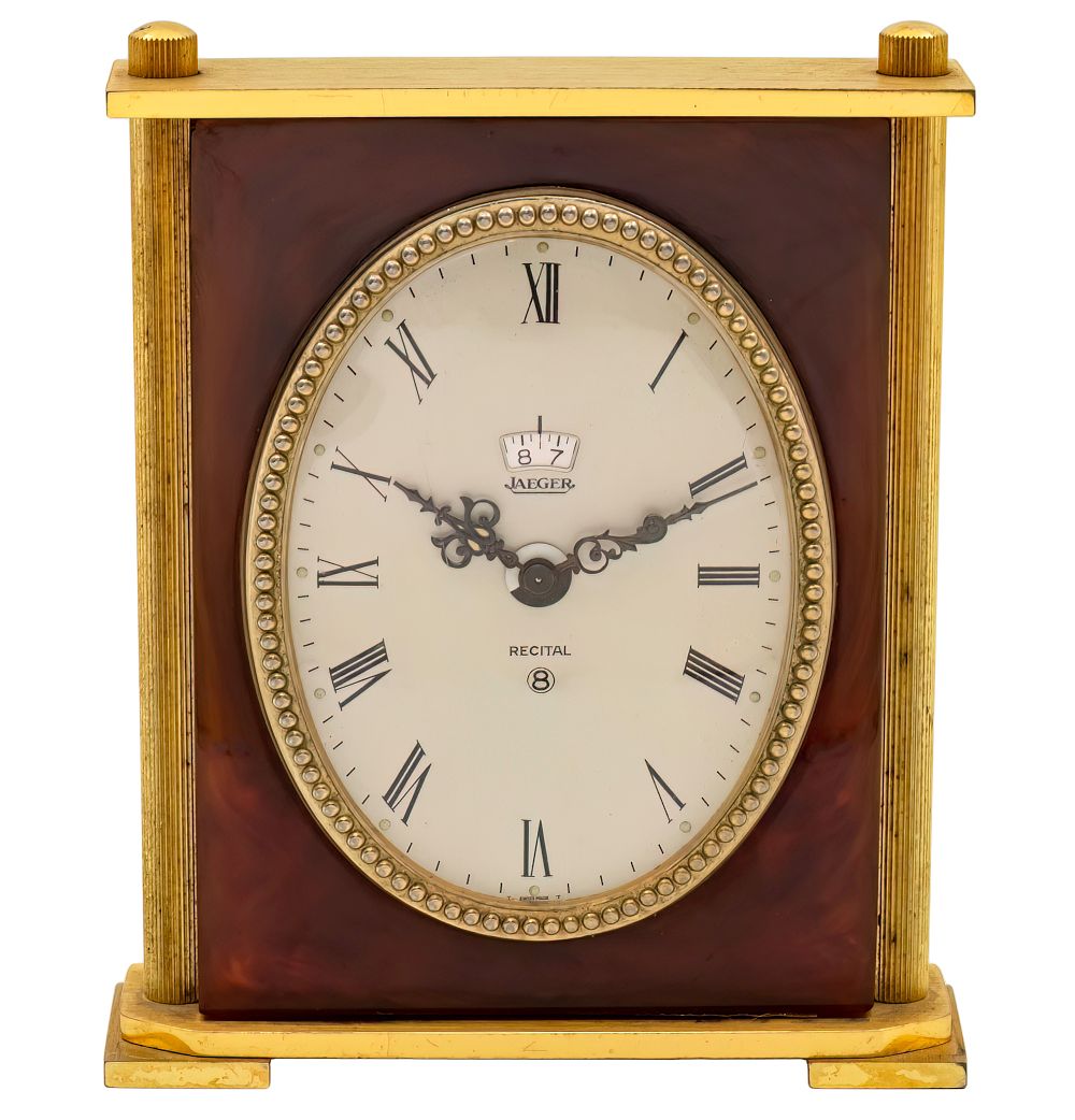 Jaeger Desk Alarm Clock. Jaeger (later known as Jaeger Le Coultre) Desk Alarm Clock. 
Gilt 