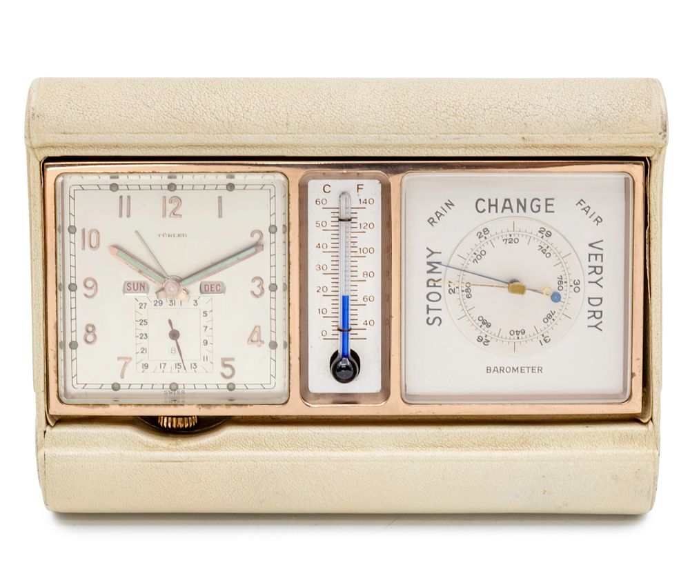 Angelus for Turler Triple Date Weather Table Travel Clock. 
Including: 
Clock (mechanical eight 