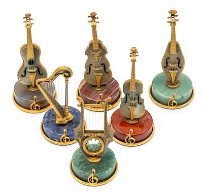 Set of Six Silver and Gemstones, Stringed Musical Instruments Form Manu Card Holders, Milan 