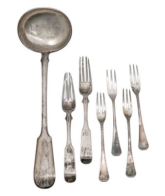 Lot of Silver Flatware. 
Including: 
Ladle, 30cm, marked (84, Moscow, Russia), 229. 
Two 