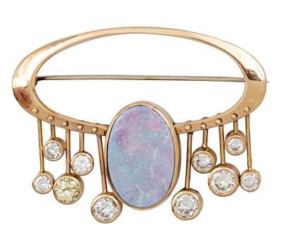 14k Yellow Gold Opal and Diamond Brooch. 
Oval opal - 18x12mm. 
Eight diamonds in total weight 
