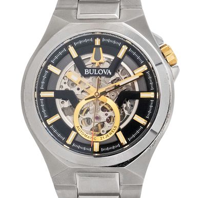 שעון יד Bulova Skeleton. 
מנגנון אוטומטי, מצב עבודה. 
צמיד פלדת אל חלד מקורי עם אבזם פריסה 