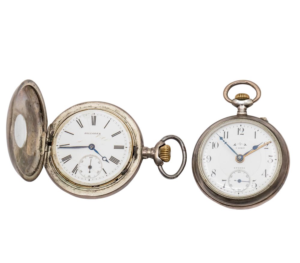 Lot of Two Silver Pocket Watches. 
Including: 
1. Eterna pocket watch, alarm, working condition 
