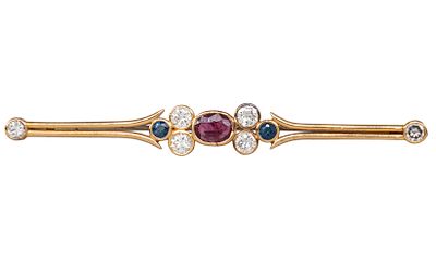 14k Yellow Gold Ruby, Diamond and Sapphire Brooch. 
Six diamonds in total weight of about 1ct. 