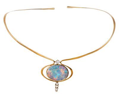 14k Yellow Gold Opal and Diamond Choker Necklace. 
Including 4 diamonds in total weight of about 