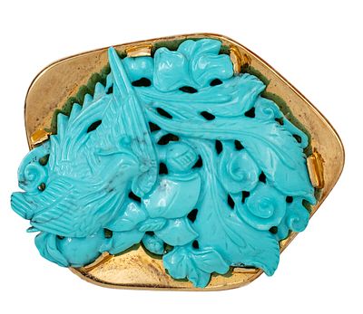 14k Yellow Gold Turquoise Brooch Pendant. 
Carved turquoise. 
Marked. 
5x4cm. 
21.12gr.