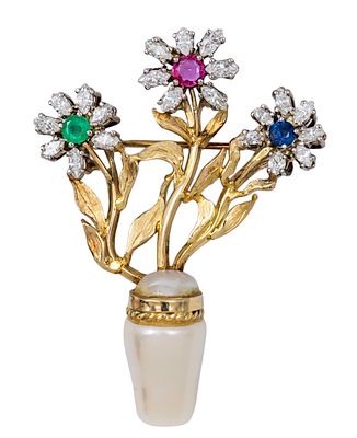 14k Yellow Gold Diamond, Ruby, Emerald, Sapphire and Pearl Brooch. 
modeled as flowers. 
21 