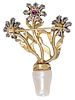 14k Yellow Gold Diamond, Ruby, Emerald, Sapphire and Pearl Brooch. 
modeled as flowers. 
21 Image - 2