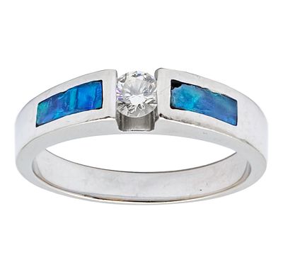14k White Gold Diamond and Opal Ring. 
Set with a Diamond of about 0.25ct with two opals on the 