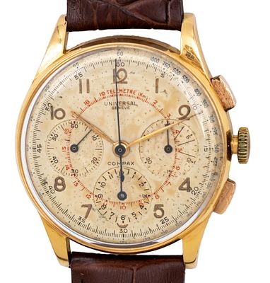 שעון יד Universal Geneve Compax Chronograph עבור צבא ברזיל, זהב 18 קראט, שנות ה-40. שעון יד 