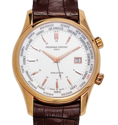 שעון יד Frederique Constant Worldtimer. 
מנגנון קוורץ, מצב עבודה. 
תאריך. 
