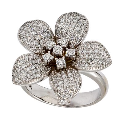 14k White Gold Diamond Flower Ring. 
155 diamonds in total weight of about 1.5ct. 
Marked. 