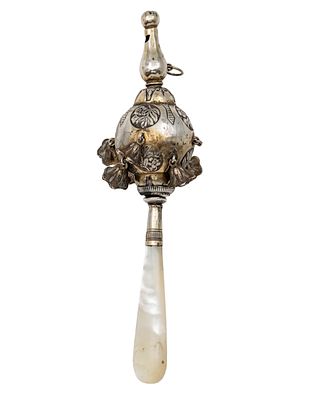 Silver and Mother of Pearl Baby Rattler Whistle, Circa 1900. 
Seven bells, mother of pearl 