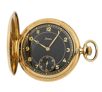 Stowa Pocket Watch. 
Mechanical movement, La Rochette, Working condition. 
Black dial. 
Gold 