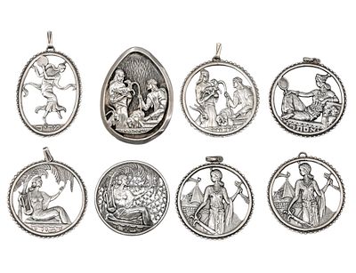 Collection of Eight Bezalel Sterling Silver Brooches and pendants, Jerusalem, 1950s-60s. 