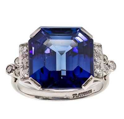 Stunning Platinum Diamond and Sapphire Ring. 
Set with a Sapphire - 13.5x13.7mm. 
12 diamonds 