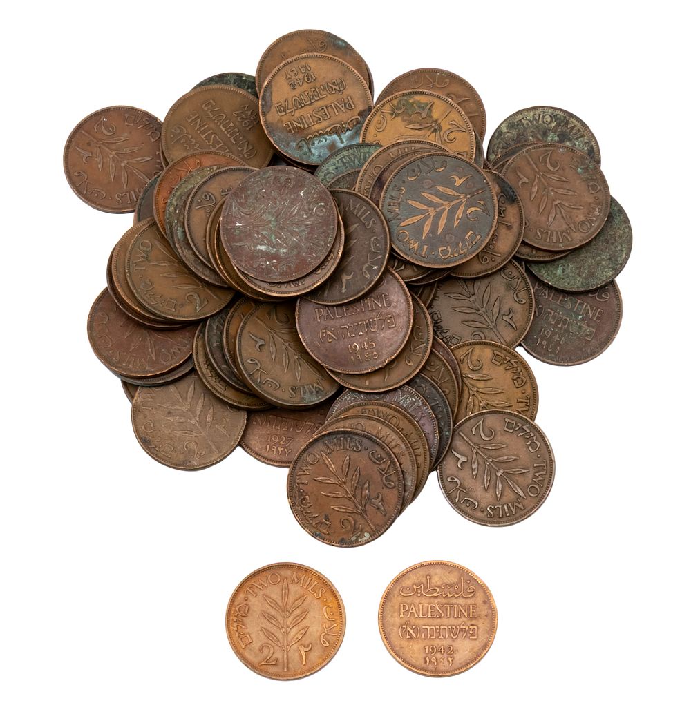 Lot of 93 British Mandate in Palestine 2 Mil Coins. 
Including: 
27 coins 2 Mil 1927. 
15 coins 