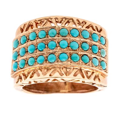 9k Rose Gold Turquoise Ring. 
30 cabochon cut turquoises. 
Marked. 
Size: 7. 
7.26gr.