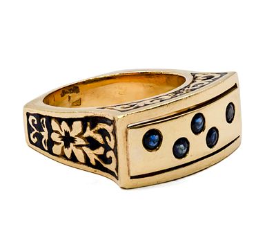 14k Yellow Gold Sapphire and Enamel Ring. 
Five Sapphires, foliage pattern to the all sides 