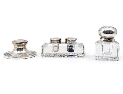 Three Silver and Crystal Inkwells. 
Including: 
Sterling silver capstan inkwell, Chester, 