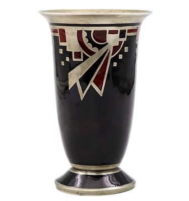 French Art Deco Silver Plated and Enamel Glass or Vase, 1930s-40s. 
Marked. 
13cm.