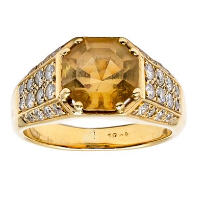 18k Yellow Gold Citrine and Diamond Ring. 
Centered with a citrine, 9.3x9.3mm. 
32 diamonds in 