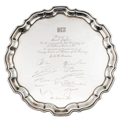 Sterling Silver Presentation Tray Salver, Birmingham, England, 1975. 
Engraved dedication. 
