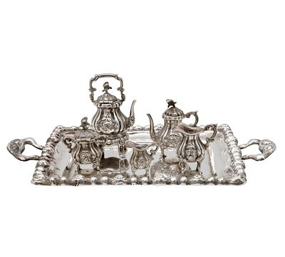 Miniature Silver Tea and Coffee Set, 6 pcs. 
Marked (835 and Dutch import marks). 
Tray: 