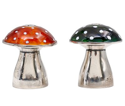 Pair of Sterling Silver and Enamel Mushroom Form Salt and Pepper Shakers, Mexico, 20th Century. 