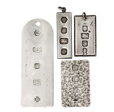 Four Sterling Silver Ingot Pendants, England, 20th Century. 
Marked (each). 
84.4gr.