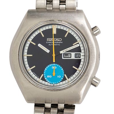 Seiko Blue Eye Chronograph Wristwatch, 1970s. 
Automatic movement, working condition. 
Day 