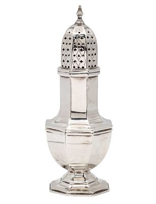 Sterling Silver Sugar Caster, Emile Viner, Sheffield, England, 1936. 
Marked. 
Height: 18cm. 
