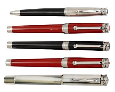 Five Montegrappa Pens. 
Including two fountain pens and three roller pens. 
One with a sterling 