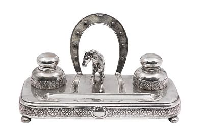 Large Equestrian Silver Ink Stand, C.G. Hallberg, Stockholm, Sweden, 1920. 
Exciting inkstand 