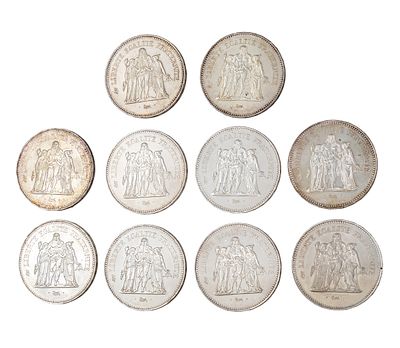 Ten French Silver 50 Franc Coins, 1976-1979. 
Silver 900. 
Each coin - 30gr, total weight: 300gr.