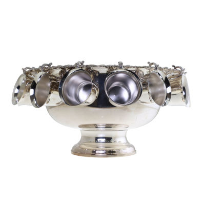 קערת פונץ' גדולה ומרשימה עם 12 כוסות. 
עיטורי גפנים. 
מצופה כסף. 
גובה קערה: 22.5ס"מ. 
קוטר: 