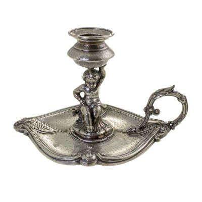 מחזיק נר פמוט לילה Chamberstick פיגורטיבי, כסף סטרלינג, Jean Lucien Ferry, פריז, צרפת, סוף המאה 