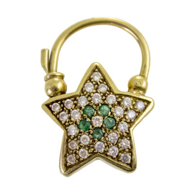 תליון זהב צהוב 14 קראט ואמרלדים. 
משובץ 5 אמרלדים ו-26 זירוקנים. 
חתום. 
3.2x2.2ס"מ.
12.12 
