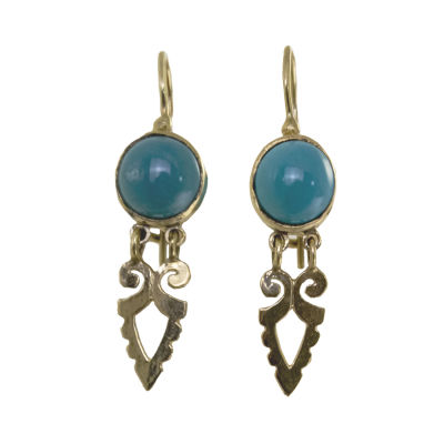 זוג עגילים זהב צהוב 14 קראט וטורקיזים.
. זוג עגילים זהב צהוב 14 קראט וטורקיזים. 
חתום. 
אורך: 