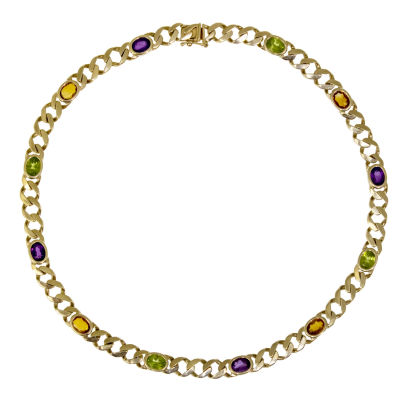 14k Yellow Gold Necklace. 
Set with 12 oval gemstones, including: four amethysts, four citrines 